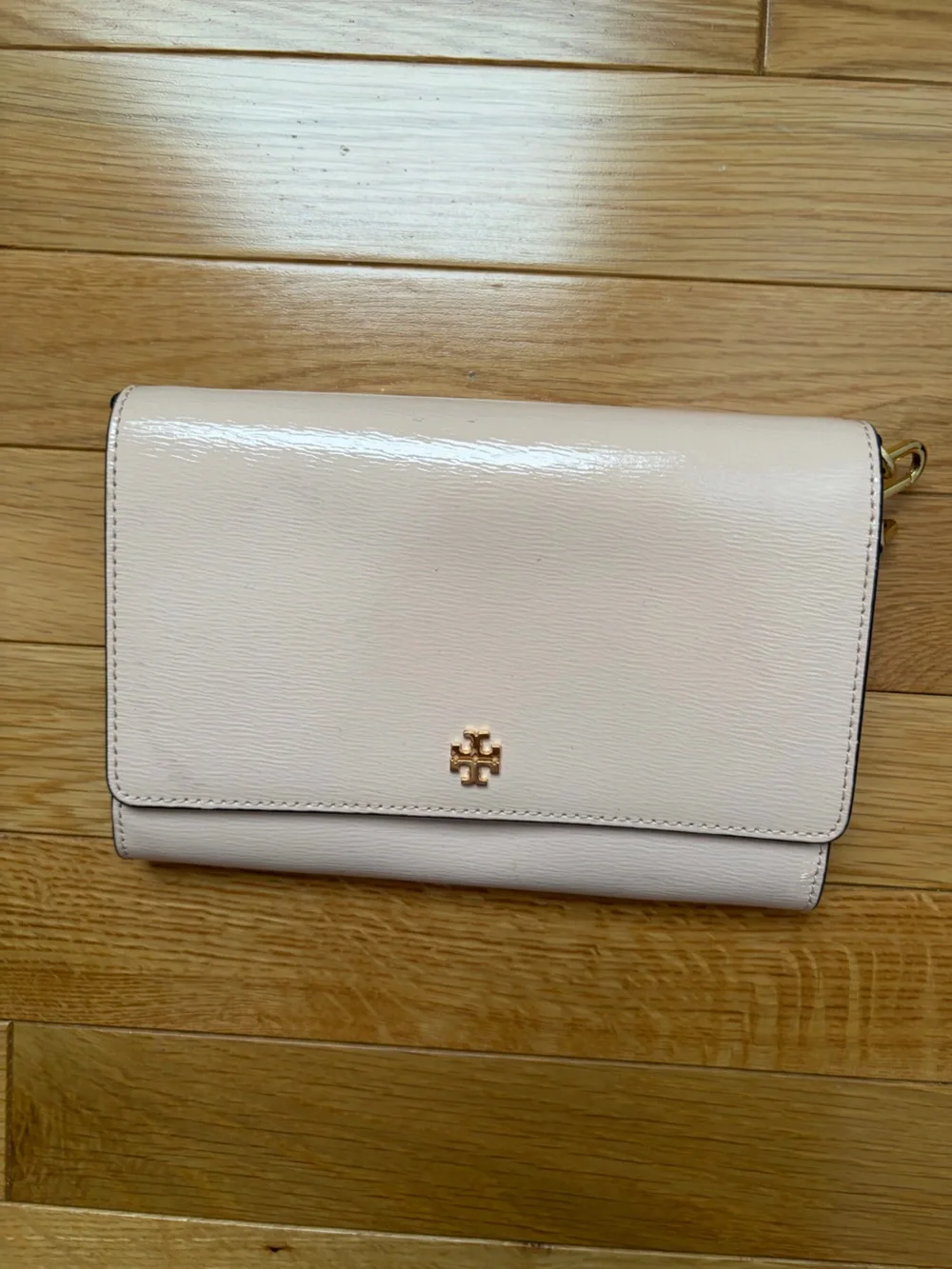 Tory Burch Blush Leather Chain Clutch with Gold Logo